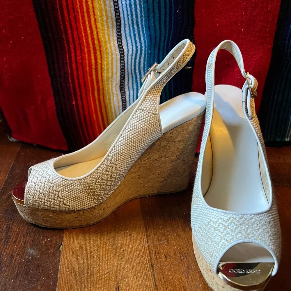 Jimmy Choo White and Natural Cork Woven Peep-Toe Wedge Sandals